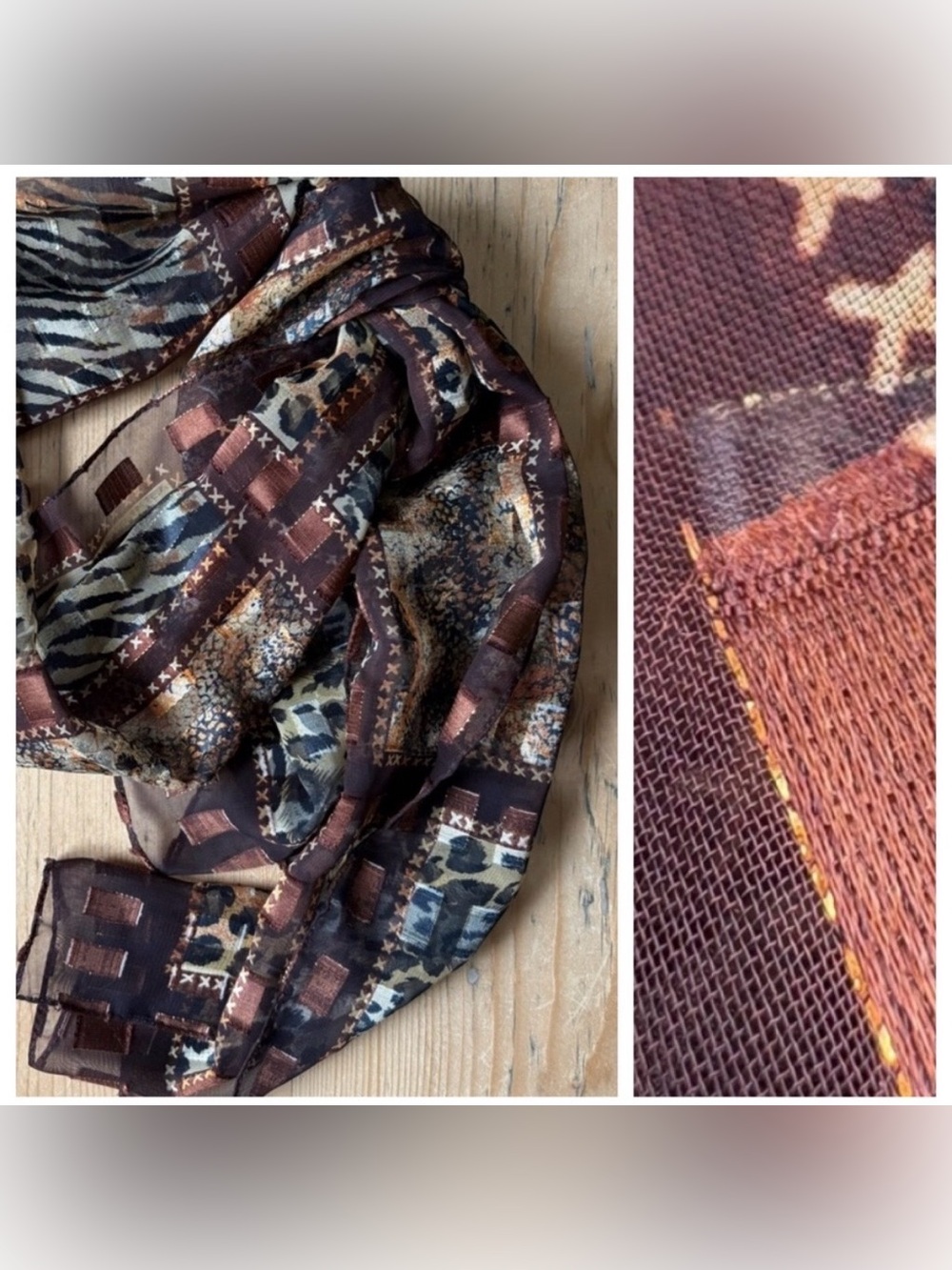 Bohemian Animal Print Patchwork Scarf Metallic Accent Threads ~70”x13”